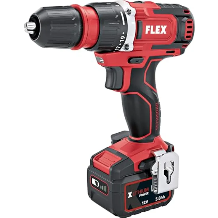 FLEX 2-Gang Akku-Bohrschrauber 12 V, bürstenlos, Gürtelclip, Bitgarage, 2,5/5,0 Ah Akkukapazität, leicht, kompakt