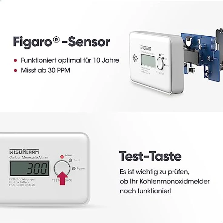 WISUALARM Kohlenmonoxid Melder, 10 Jahre CO Messgerät mit LCD Display, Test/Silence Taste, TÜV Zertifiziert nach EN 50291, hoher Alarmton über 85 dB – Bild 3
