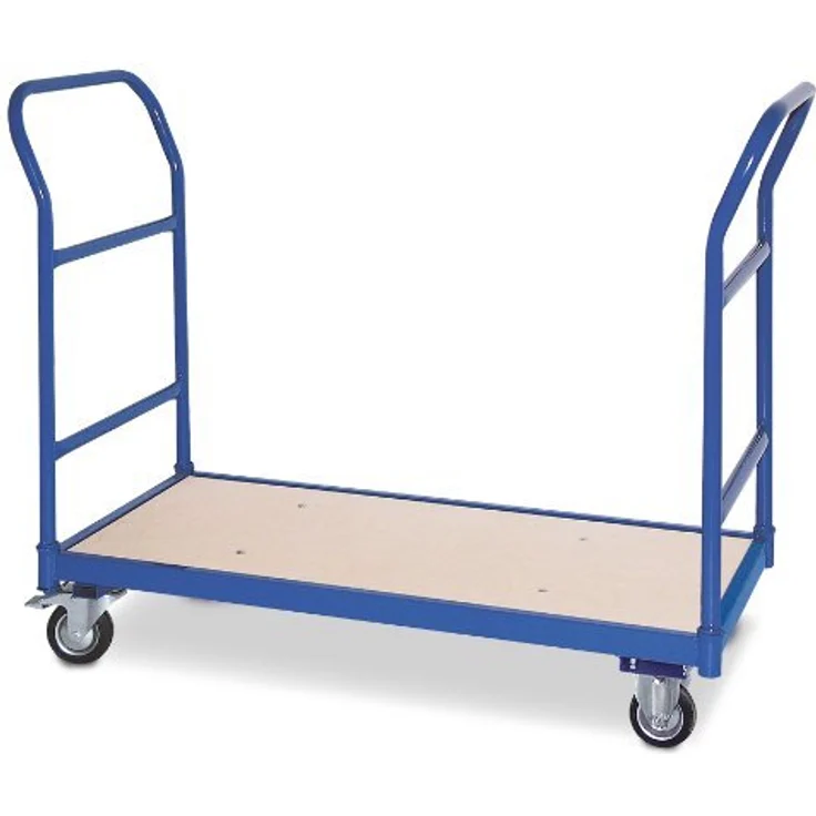 BRB-Lagertechnik Schiebebügelwagen mit 2 Schiebebügeln, blau RAL 5010, robuste 15 mm Schichtholzladeflächen, leichtfahrbar auf 4 Lenkrollen mit Bremse, LxBxH 1140x500x890 mm – Bild 2