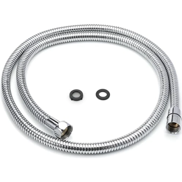 H&S Edelstahl Duschschlauch mit 2 Unterlegscheiben - 1,25m mit 1/2 Zoll Anschluss - Universal Brauseschlauch mit Chrom-Finish - Knickschutz Schlauch für Dusche & Badewanne – Bild 1