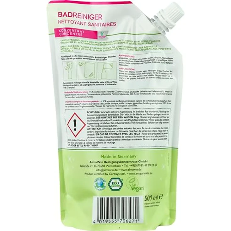 Almawin Badreiniger Nachfüllbeutel 500ml, effektiv gegen Kalkablagerungen, umweltfreundlich und dermatologisch getestet – Bild 4