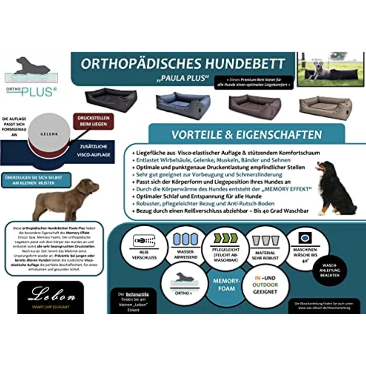 Lebon - Hundebett Paula Plus Schwarz - Orthopädisch - 3 Größe - 80 cm - 100cm - 120cm -Mit Reißverschluss und waschbar - Pflegeleicht - Schmutz - und Wasserabweisend (L) – Bild 3
