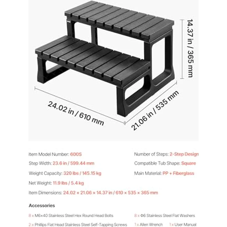 VEVOR 2-stufige Pooltreppe, PP-Leiter für oberirdische Pools, 599,44 mm breit, schwarze Außentreppe mit 145,15 kg Tragkraft und rutschfester Lauffläche – Bild 7