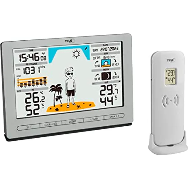 TFA Dostmann Funk Wetterstation METEO JACK, 35.1097.54, inkl Außensender, mit Wettervorhersage, Luftdruck, Mondphase, Sonnenaufgang- & -untergang, Funkuhr, silber