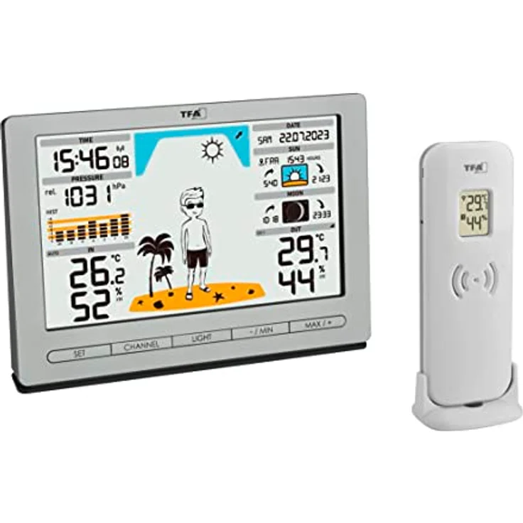 TFA Dostmann Funk Wetterstation METEO JACK, 35.1097.54, inkl Außensender, mit Wettervorhersage, Luftdruck, Mondphase, Sonnenaufgang- & -untergang, Funkuhr, silber – Bild 1