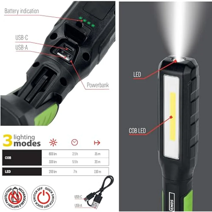 EMOS Wasserdichte LED-Arbeitsleuchte, aufladbare Werkstattlampe mit knickbarem Haltefuß, Haken und Magnet, 800 lm, 110 m Leuchtweite, 2000 mAh Akku - Taschenlampe – Bild 2
