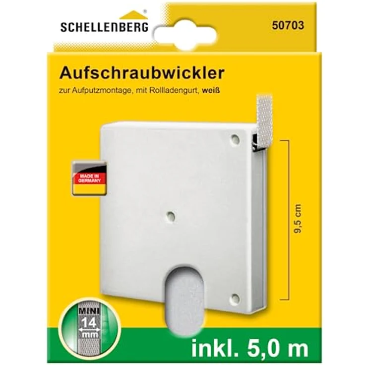 Schellenberg 50703 Aufschraubwickler System Mini für 14 mm Breite Rolladengurte, Lochabstand 9,5 cm, zur Montage in der Fensterlaibung, inkl 5m Gurtband, Weiß – Bild 5