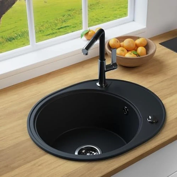 Lindbergh Spülen Rein Schwarz LINDBERGH® Antibakterielle Granit Spüle "OVA44" 580mm x 500mm mit komplettem Siphon, Made in Germany, kratzfest und hitzebeständig bis 280°C – Bild 2