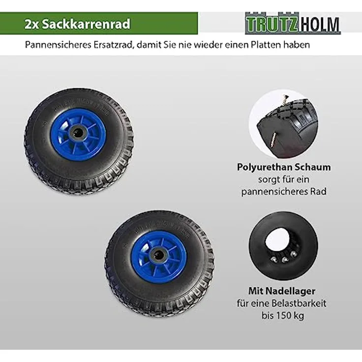 2X TRUTZHOLM Sackkarrenrad Vollgummi 260 x 85 mm 3.00-4 PU Sackkarre Ersatzrad Bollerwagenrad