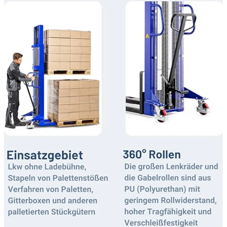 Pallit Hochhubwagen LIFT-M, manueller Handstapler mit 1600mm Hubhöhe, 1000kg Tragkraft und PU Rollen, ergonomisch und wendig – Bild 3