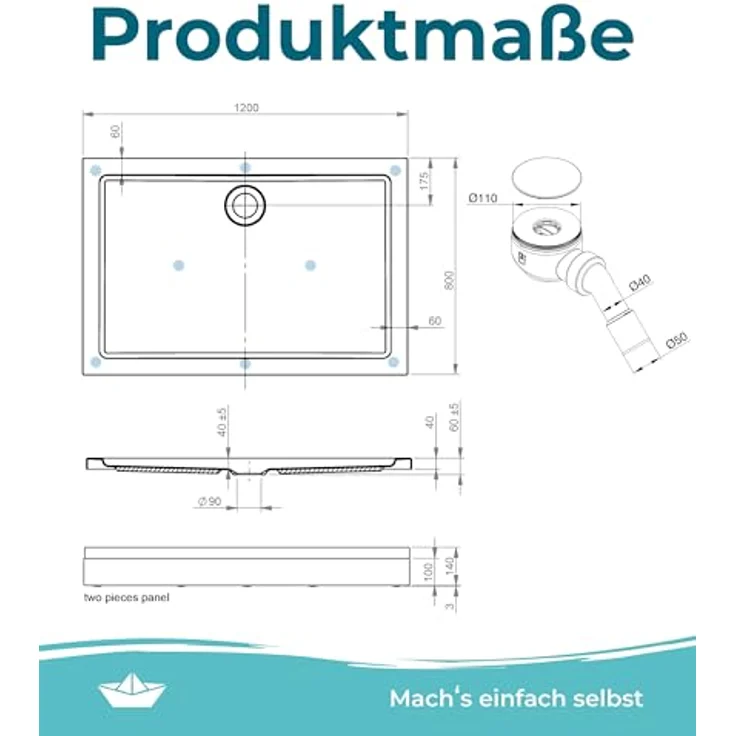 Calmwaters Duschwanne, Rechteckige Brausewanne 120x80 cm aus hochwertigem Sanitäracryl, weiß, barrierefreier Einbau – Bild 6