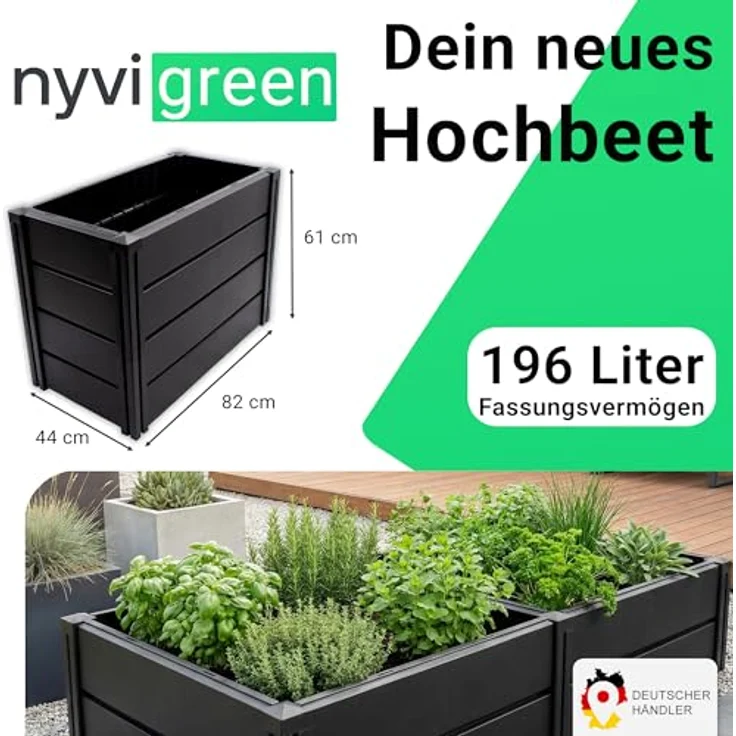 NYVI Hochbeet NYVIGreen M, 82x44x61cm, 196 Liter Kunststoff Kräuterbeet, wetterfest, UV-resistent, rostfrei, langlebig, einfache Steckmontage, erweiterbar – Bild 2