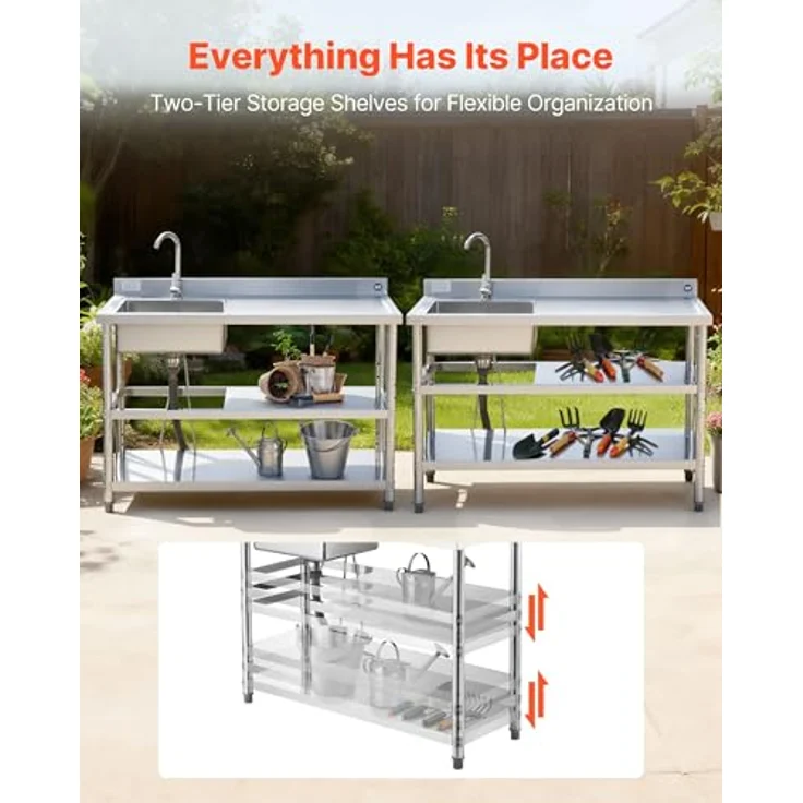 VEVOR Edelstahl Spültisch (120 x 50 x 94 cm) mit 360° Wasserhahn, 2 Ablagefächern und verstellbaren Füßen für Küche, Garage und Restaurant – Bild 3