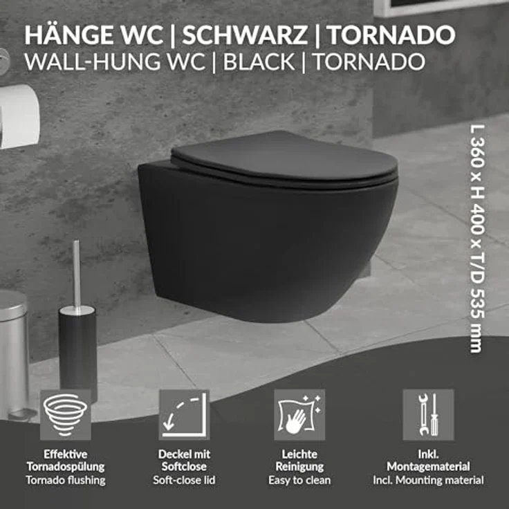 LuxeBath Wand WC Spülrandlos Schwarz matt, Tiefspüler Keramik Hänge WC lang 53,5 cm mit Softclose-Klodeckel, Tornadospülung, Hängend mit WC-Sitz Absenkautomatik – Bild 2