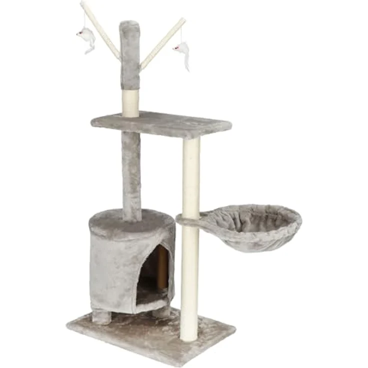 SPRINGOS Kratzbaum Aussichtsplattform Spielmäuschen Liegemulde108 cm, Aschgrau – Bild 1