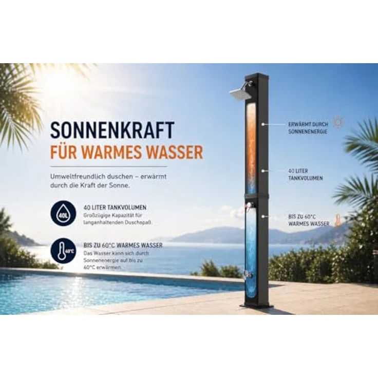 Strattore Solardusche Gartendusche - Ocean in Schwarz, 40 Liter Tankvolumen, max. 60°C heißes Duschwasser, 217,5 cm Höhe – Bild 3