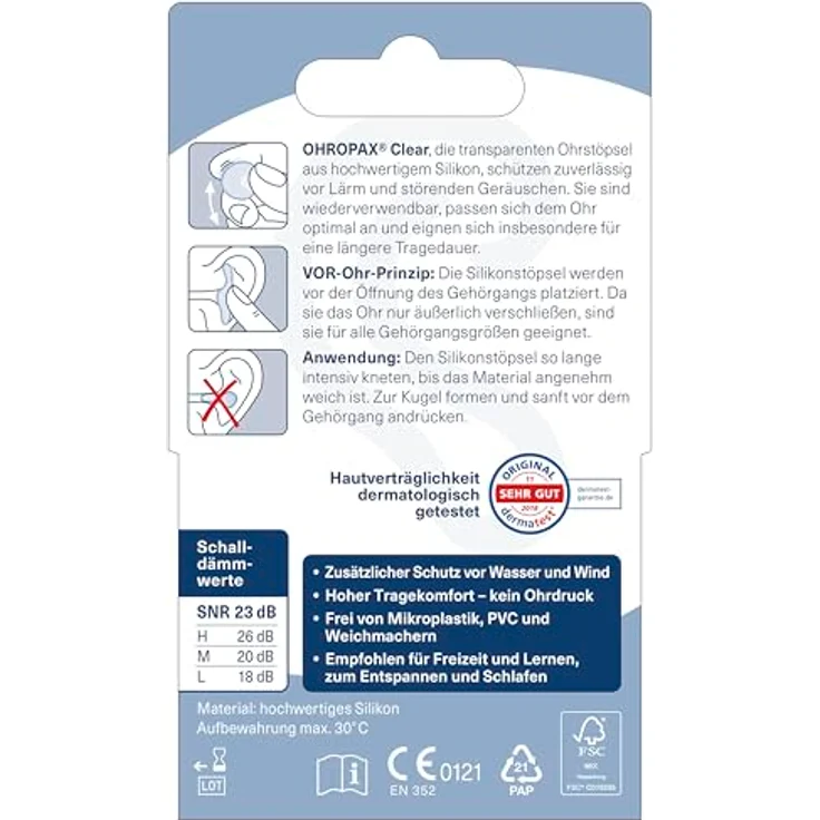 OHROPAX Clear Ohrstöpsel – transparente VOR-Ohr-Stöpsel aus Silikon – Schalldämmwert SNR 23 dB – 6 Stück – Bild 4