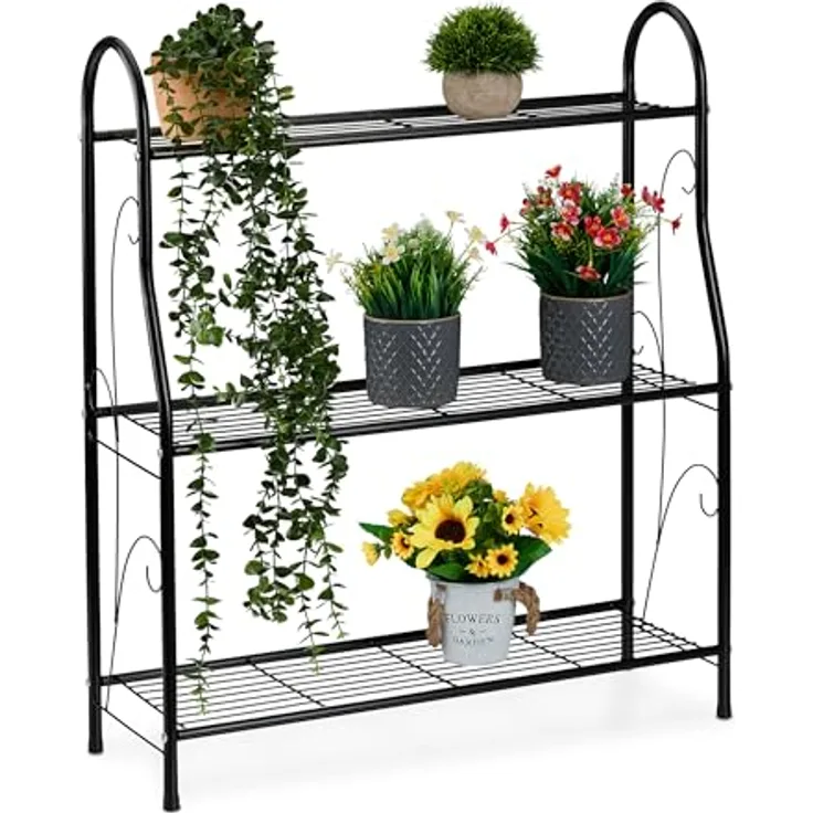relaxdays Blumenständer Blumenregal Metall mit 3 Ablagen, Schwarz, Dekorative Verzierungen, für Innen und Außen geeignet