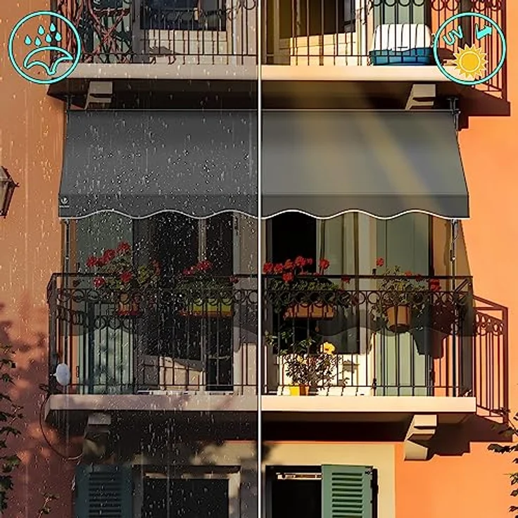 VOUNOT Klemmmarkise Balkon mit Handkurbel, höhenverstellbar Balkonmarkise ohne Bohren, UV-beständig, Wasserdicht & Sonnenschutz, 250 cm breit, Grau – Bild 4