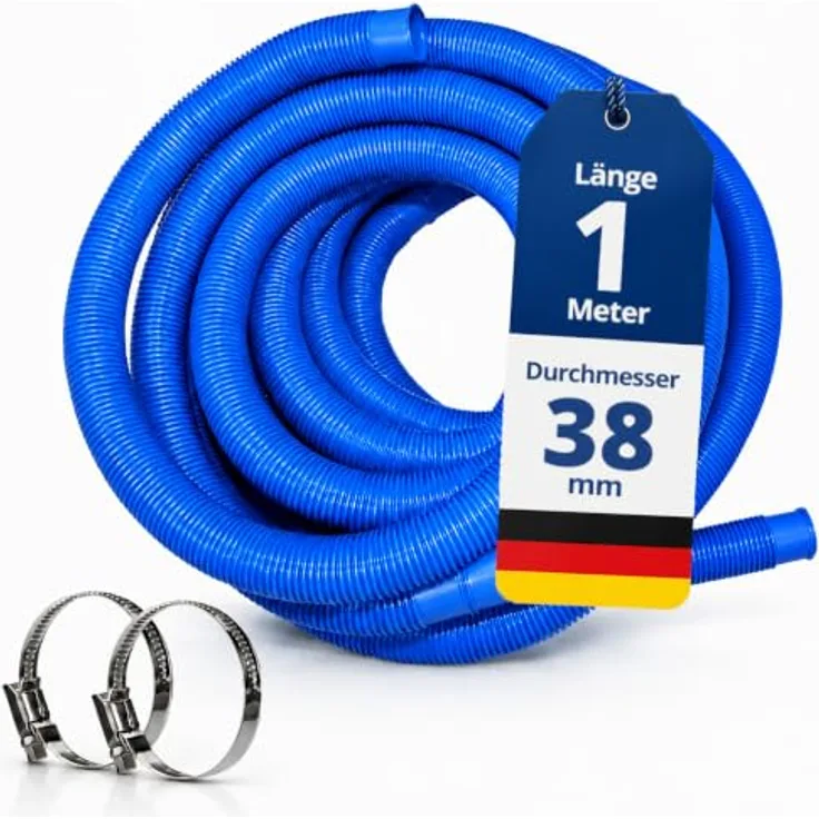 HAF Poolschlauch Ø 38mm, 1 Meter blauer Schwimmbadschlauch aus PVC, Made in Germany, inkl. 2 Edelstahl-Schlauchschellen (25-40mm)
