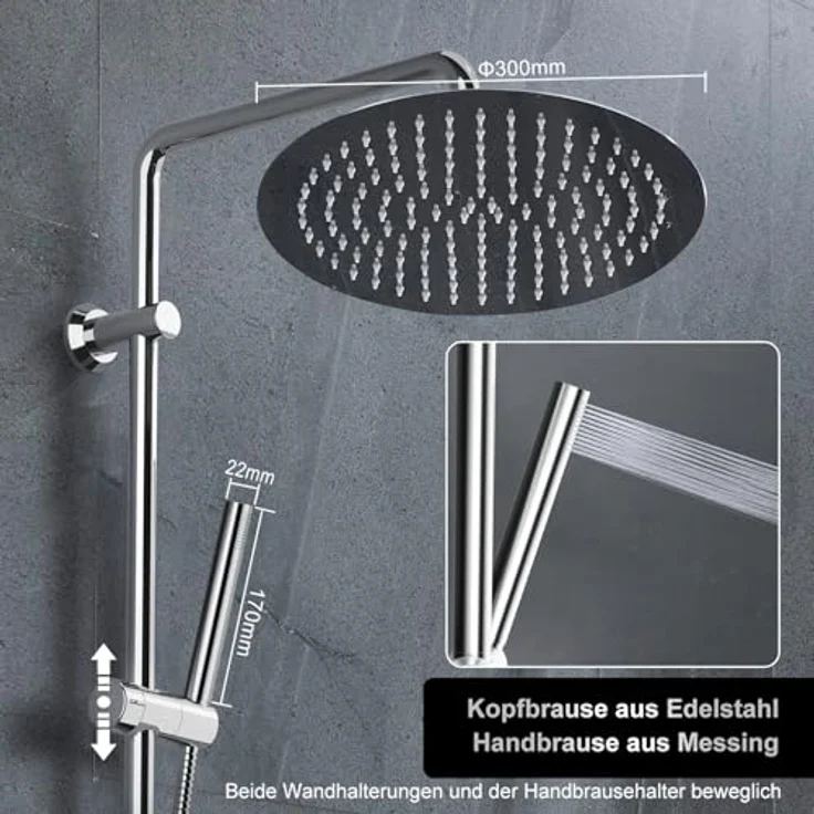 Görbach Edelstahl Duschset, Regendusche Duschsystem ohne Armatur, 30 cm Kopfbrause, verstellbare Duschstange, Duschablage Chrom – Bild 3