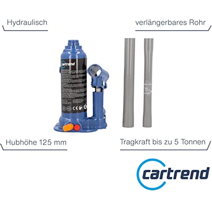 cartrend hydraulischer Wagenheber, Stockwagenheber, Stempel-Wagenheber, Tragkraft bis 5000 kg, gefertigt aus Qualitätsstahl – Bild 2