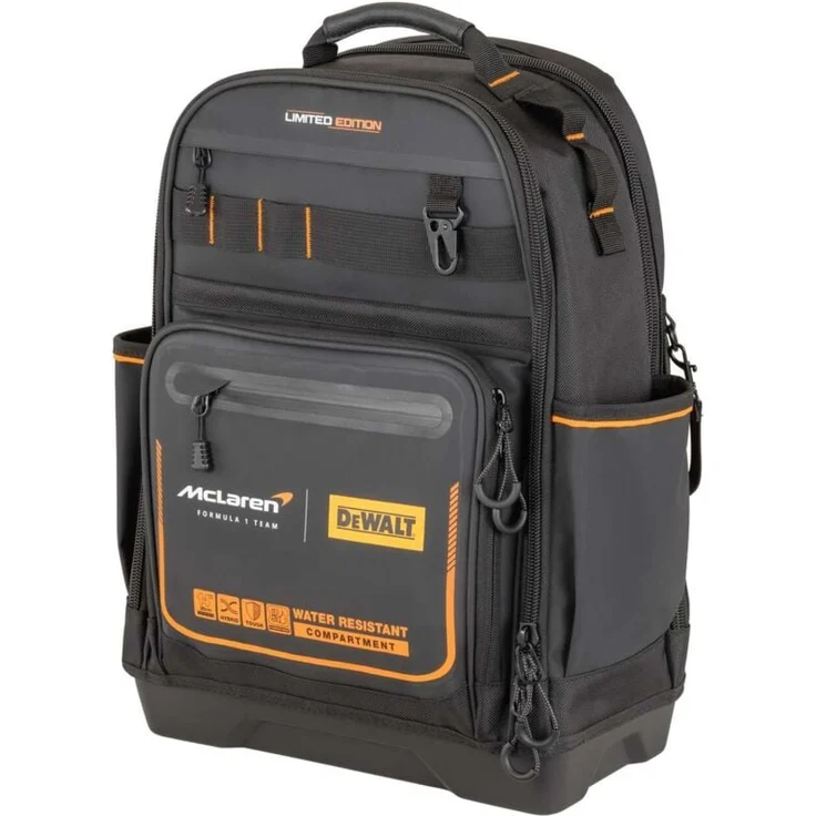 Dewalt McLaren DWST60122-1 Werkzeugrucksack mit 3 Reißverschluss Taschen und seitlichen Fächern, schwarz-orange – Bild 1