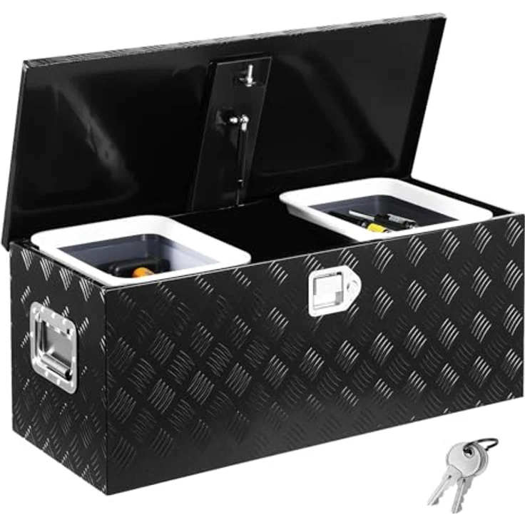 VEVOR Aluminium Werkzeugkasten für Ladefläche, gestreifte Werkzeugkiste 899 x 370 x 370 mm, mit seitlichem Griff & ausziehbarem Regal, Schwarz – Bild 1