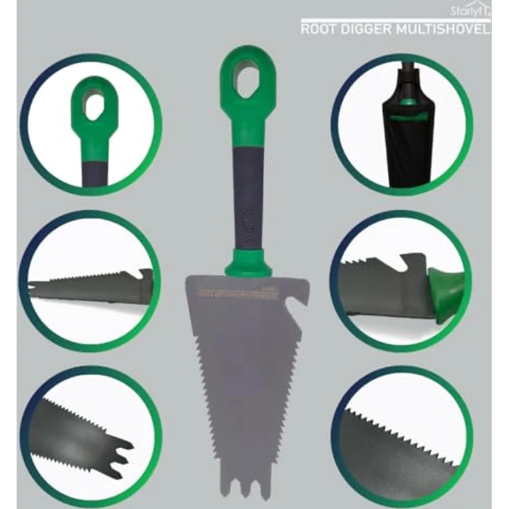 Starlyf Blumenkelle Root Digger, multifunktionale 4 in 1 Gartenschaufel mit Sägeklinge und ergonomischem Griff, grau/grün – Bild 2