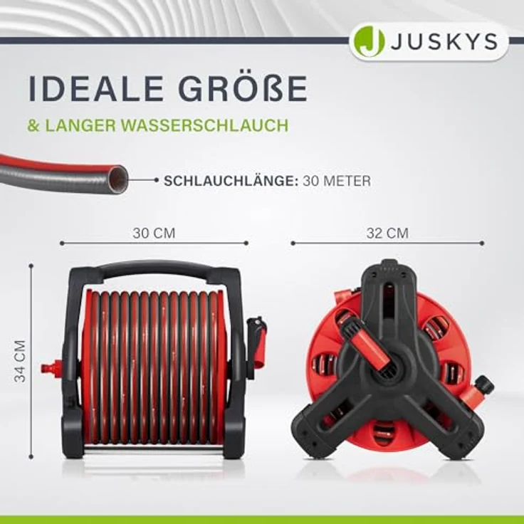 Juskys Schlauchtrommel Basic, 30 m, Multifunktionsbrause, 10 Funktionen, diverse Adapter, rot/grau – Bild 4