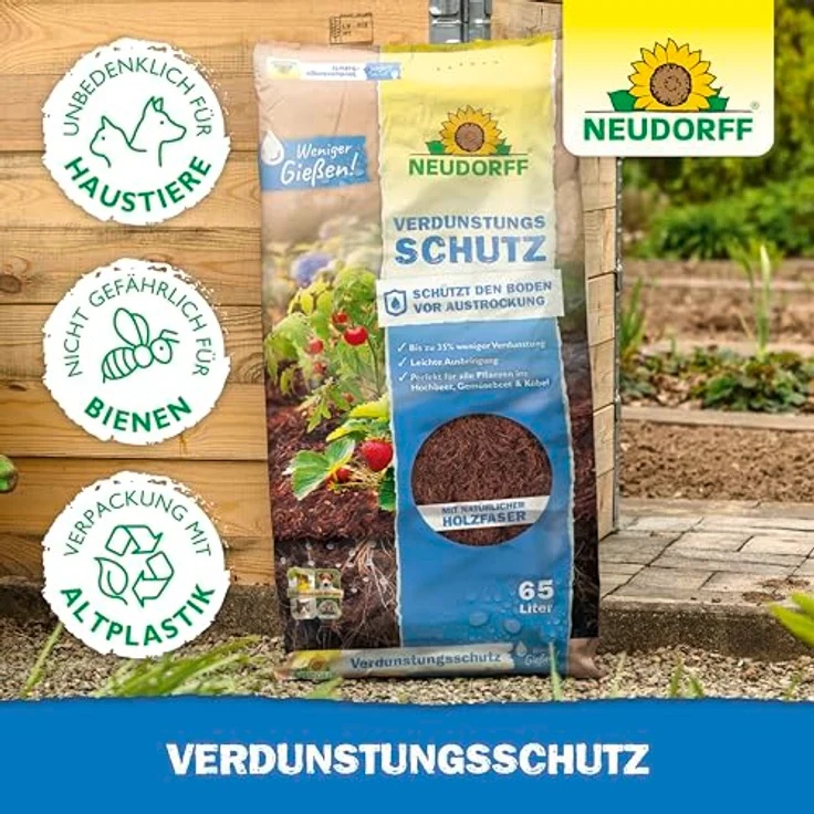 Neudorff Rindenmulch Verdunstungsschutz 65 L, natürliche Bodenabdeckung zur Reduzierung der Verdunstung um 35 % für Hochbeete, Pflanzgefäße und Beete – Bild 6