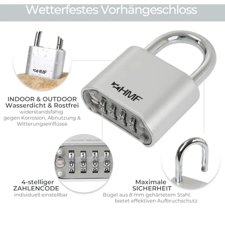HMF Vorhängeschloss Zahlenschloss 3507-09, robustes 4-stelliges Zahlenschloss aus Zinklegierung, witterungsbeständig, Silber, 5,3 x 2,4 x 7,8 cm – Bild 2