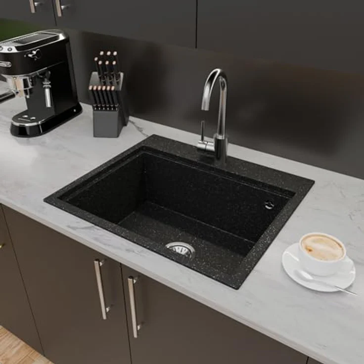 QLS Küchenspüle Comfort 0.0L, Granit-Spülbecken, 58x49,5cm mit Siphon, langlebig und kratzfest, Schwarz – Bild 6
