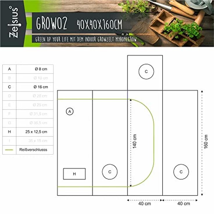 Zelsius Gewächshaus Grow Tent 40 x 40 x 160 cm grau/schwarz Pflanzenzucht Indoor, hochreflektierend, 95% Lichtreflektion – Bild 2