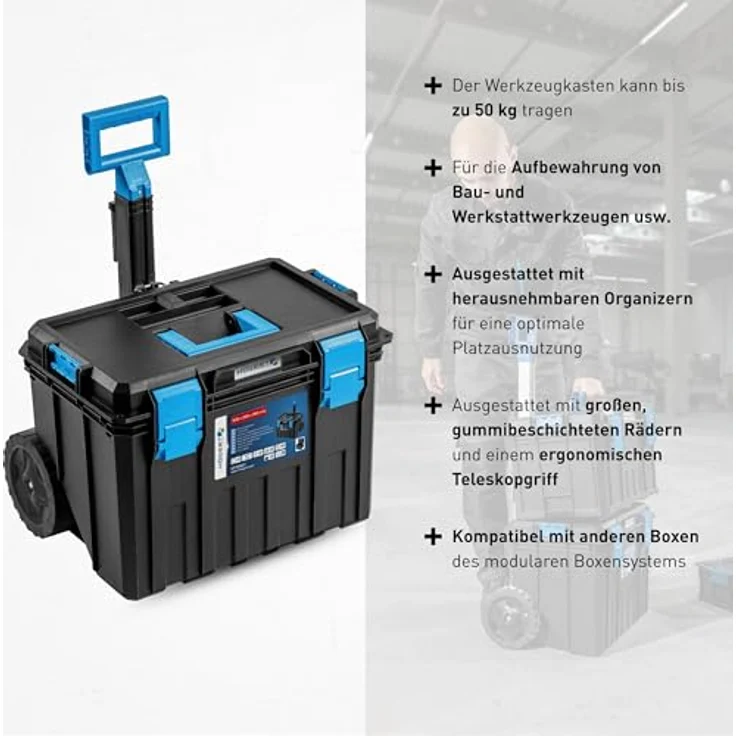 Högert Technik HT7G501 Werkzeugkiste auf Rädern, Tragfähigkeit bis 50 kg, modularer Aufbau, staubdicht, robust gegen Beschädigungen, mit ABS-Verschlüssen – Bild 3