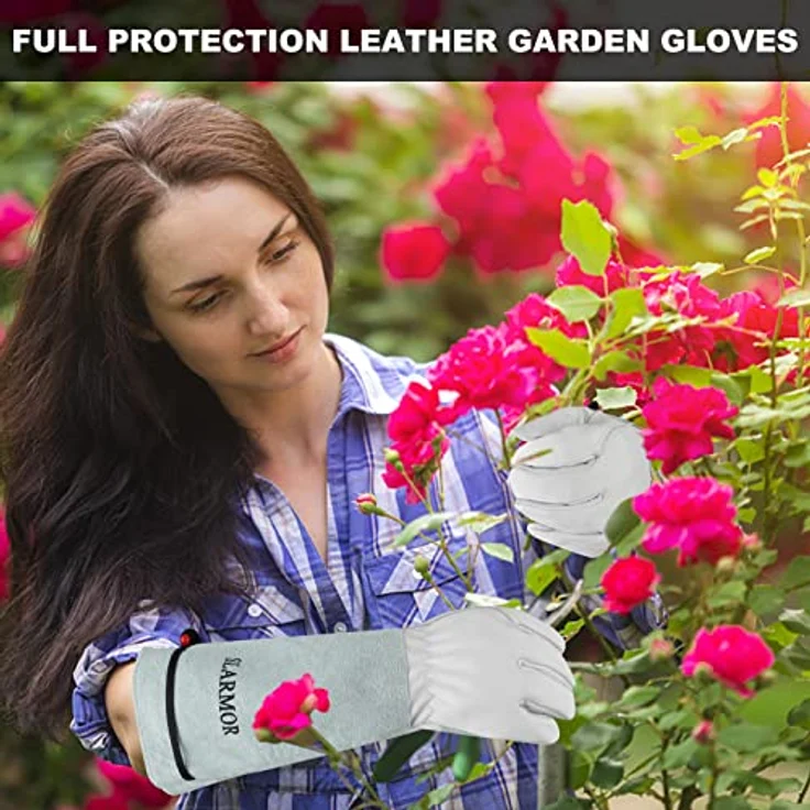 SLARMOR Gartenhandschuhe aus Leder, dornensicher mit Unterarmschutz, lange Rindsleder Arbeitshandschuhe für Damen und Herren, ideal zum Beschneiden von Rosen und anderen Pflanzen – Bild 4