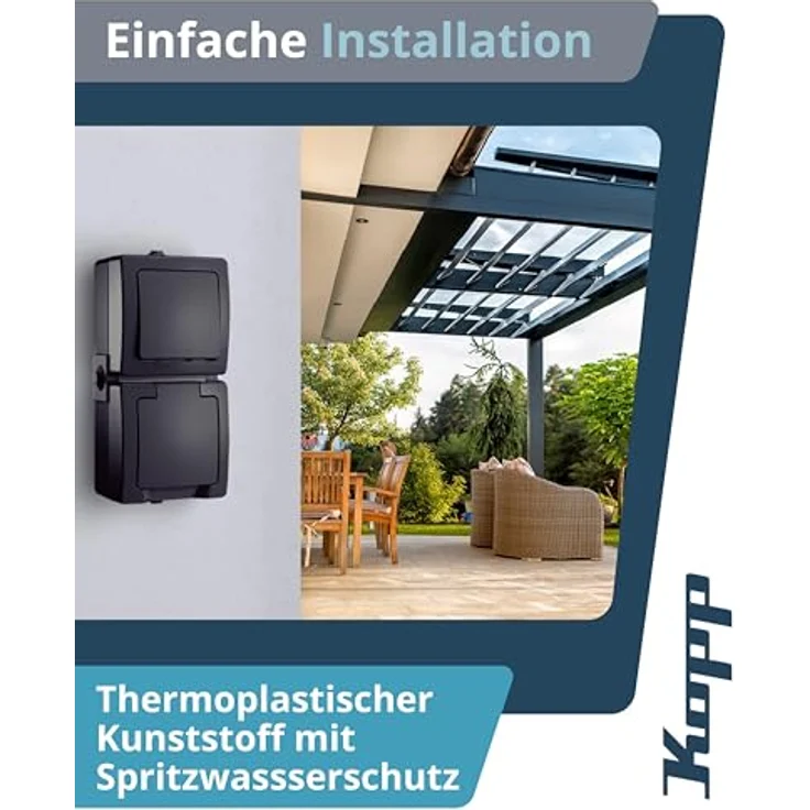 Kopp Abdeckrahmen 138515009, Aufputz-Feuchtraum Kombination, anthrazit, IP44 Schutzart, 16A Steckdose, Wechselschalter – Bild 5