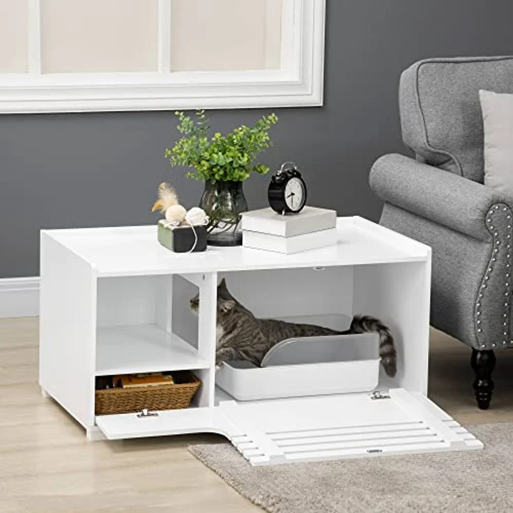 PawHut Katzenschrank für Katzentoilette Katzenklo Katzenhaus mit Magnettür Katzenkommode Katzenhöhle Beistelltisch Aufbewahrungsschrank erhöhtes Design Weiß 90 x 48 x 42,5 cm – Bild 2