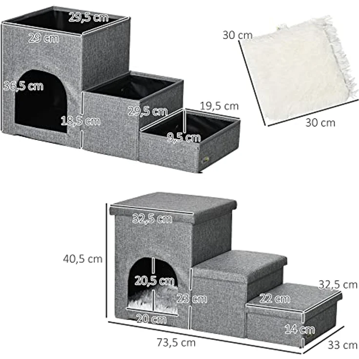 PawHut Hundetreppe, 3 Stufige Katzentreppe mit Höhle, Haustiertreppe mit Stauraum, Kissen, 3-in-1 Haustierrampe, bis 10 kg Belastbar, für Sofa, Bett, Leinen, Hellgrau – Bild 3