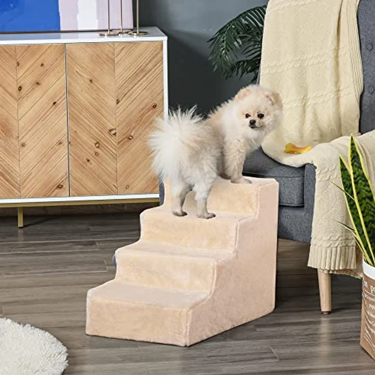 PawHut Haustiertreppe 4-stufige Hunderampe mit Abnehmbarer Bezug Katzentreppe Hundetreppe Tiertreppe Plüsch Beige 60 x 35 x 44 cm – Bild 2