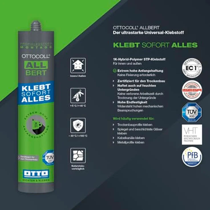 OTTOCOLL ALLBERT Ultrastarker Universal-Klebstoff 290ml grau - Hohe Anfangshaftung, zertifiziert für Trockenbau, für Innen & Außen, klevt auf allen Materialien – Bild 2