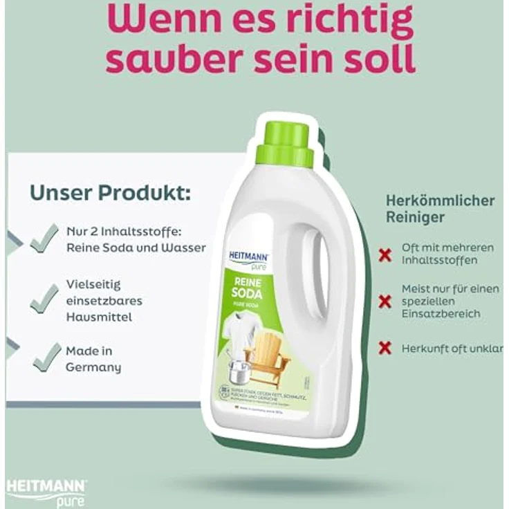 HEITMANN pure Reine Soda Allzweckreiniger, 1 Liter Flüssig, ohne Mikroplastik, 100% Ökostrom, für Haus und Garten – Bild 6