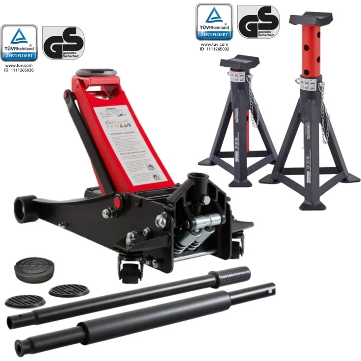 AREBOS 3T Hydraulischer Rangierwagenheber flach 2x Unterstellbock 3 Tonnen Tragkraft 3 Auflagen Schwarz/Rot - für Werkstatt und Hobby, 85-500 mm Hubhöhe, Doppelkolben, TÜV Rheinland geprüft