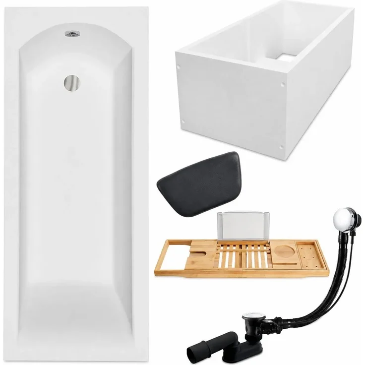 KOLMAN Badewanne SHEA Rechteck 140 x 70 cm, Acryl mit Bambus Badewannenablage, Kopfstütze KODI, inkl. Ablauf und Füße, schneeweiß