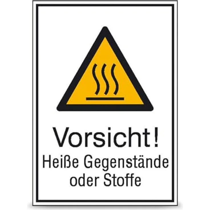 Betriebsausstattung24 Warn-Kombischild "Vorsicht! Heiße Gegenstände oder Stoffe", geprägtes Aluminium, 13,1 x 18,5 cm, UV- & witterungsbeständig, für Innen- und Außenbereich