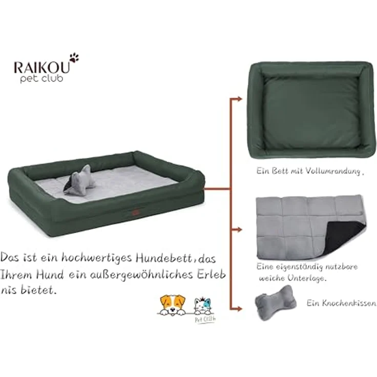 RAIKOU Hundematratze Hundebett mit Abnehmbarem Kissen, grau, für große und kleine Hunde, waschbar – Bild 3