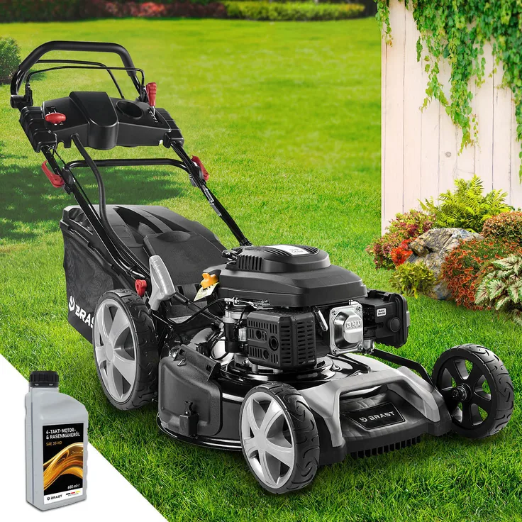 Brast Benzin Rasenmäher mit Antrieb 5,2kW (7PS) Elektrostart 55cm Schnittbreite 30-80mm Schnitthöhe 60L Fangkorb 4 Takt OHV Motor Stahlgehäuse ESTART Speed in grün.