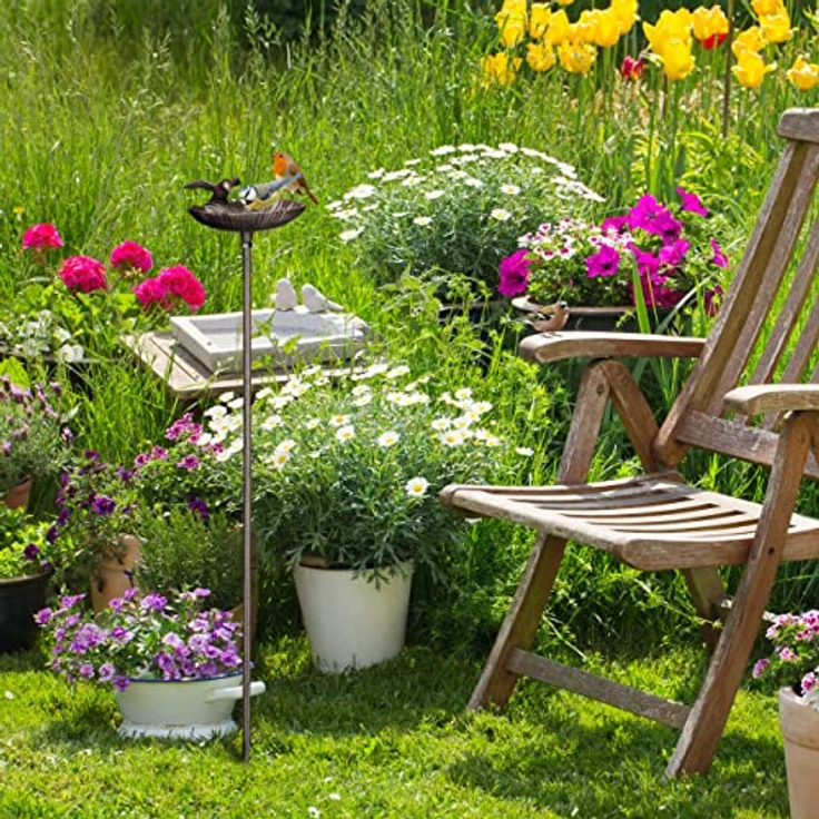 Relaxdays Vogeltränke zum Stecken, Wasserschale mit Vogel, frostsicher, Gartenstecker, 100 cm hoch, Gusseisen, braun – Bild 5
