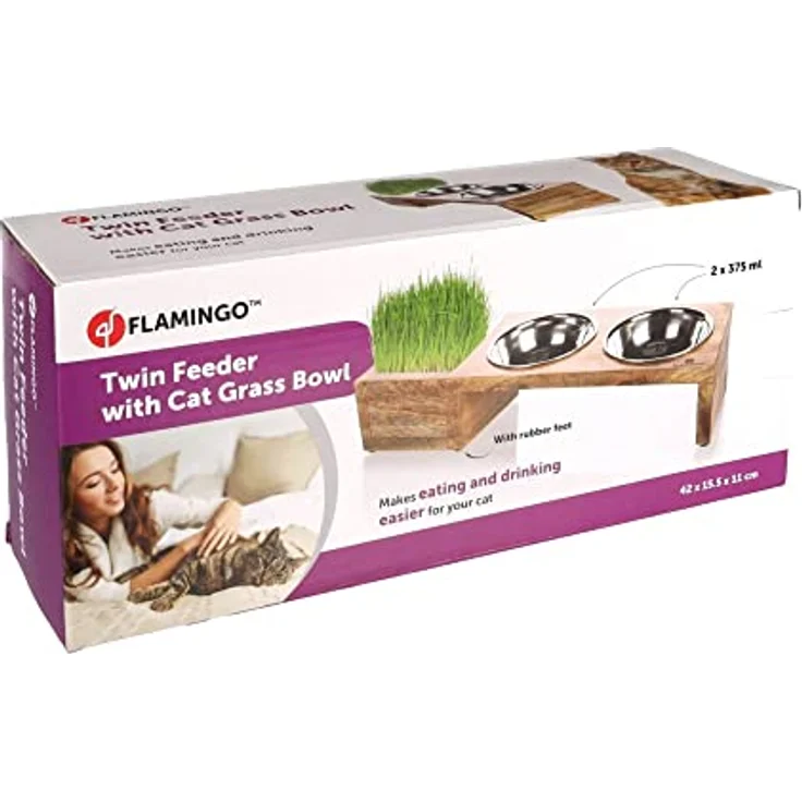 Flamingo Futter- und Trinknapf Set LELA, Edelstahlnäpfe mit Mangoholzständer, 2x375ML, 13CM, für Katzengras – Bild 5