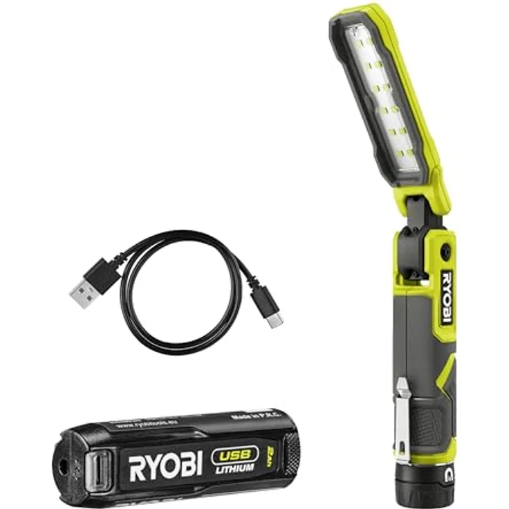 RYOBI Arbeitsleuchte 4V USB Lithium RLI4-120G - 3 Intensitäten 500/250/100 Lumen - Magnetfuß - USB-C Kabel - 2,0Ah Akku - 32 Stunden Laufzeit
